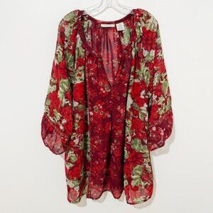 Roaman’s Semi Sheer Tunic Top Pullover Blouse Floral Red Green Boho Women's 32W